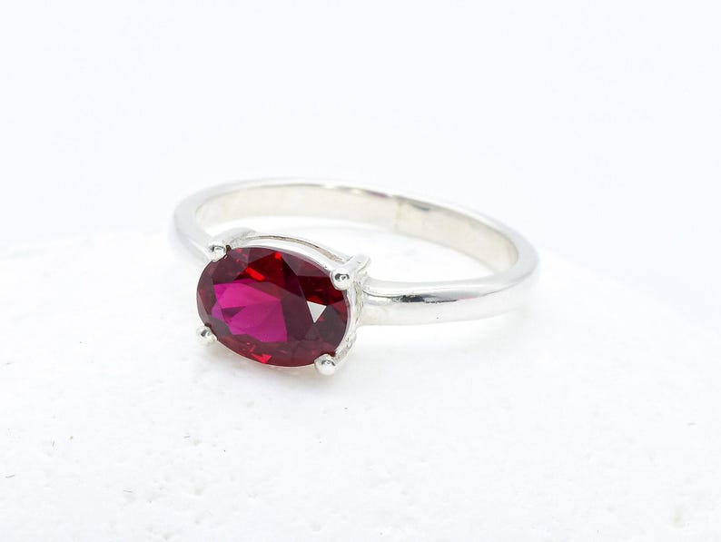 Solitaire Ruby Ring, Created Ruby, Ruby Ring, Red Ruby Ring, Horizontal Ring, Solitaire Ring, Promise Ring, Gift For Her, 925 Silver Ring image 3