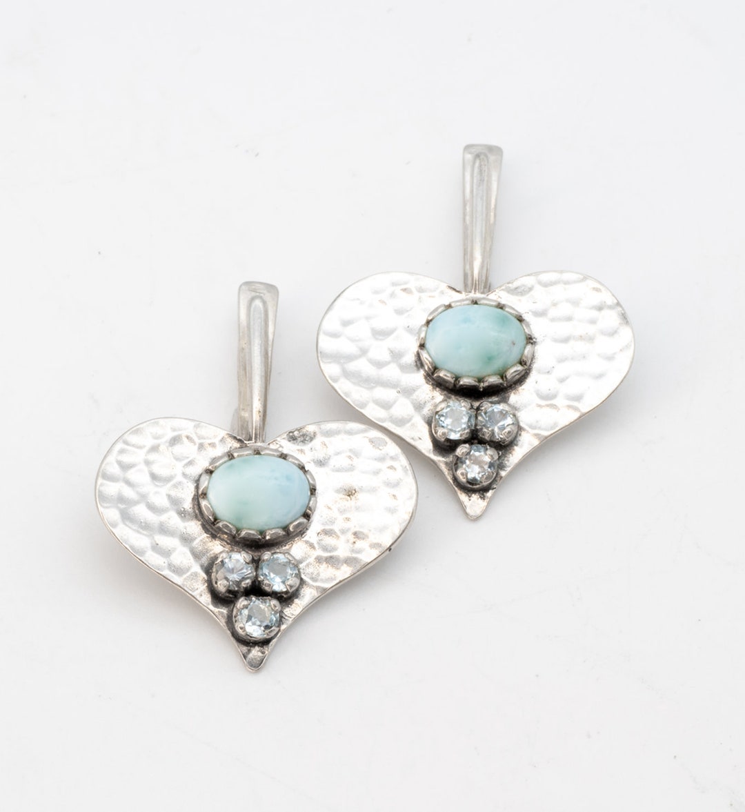Larimar Hammered Heart Earrings, Multistone Earrings, Heart