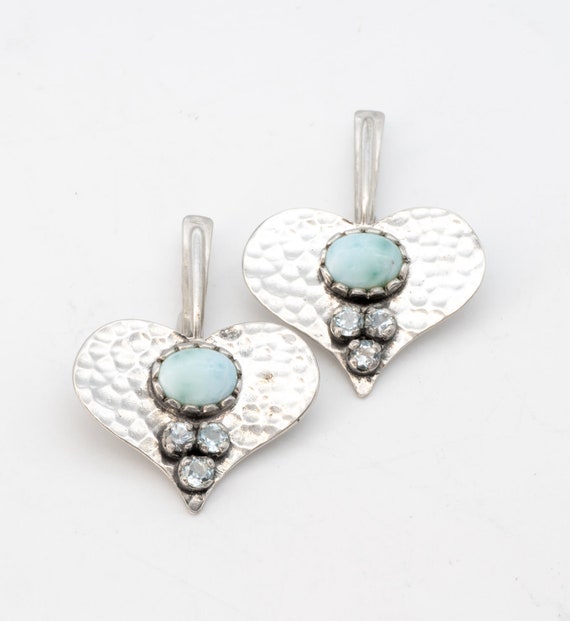 Larimar Hammered Heart Earrings, Multistone Earrings, Heart