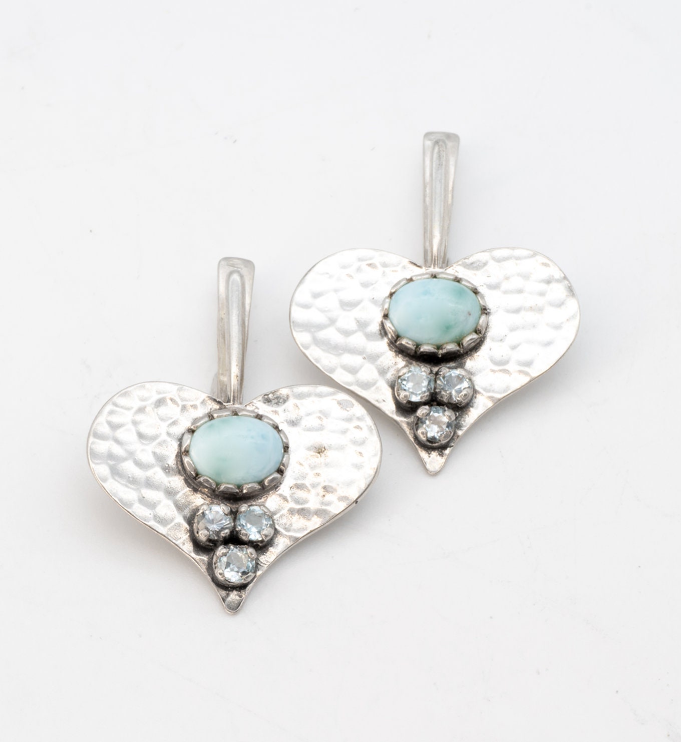 Larimar Hammered Heart Earrings, Multistone Earrings, Heart