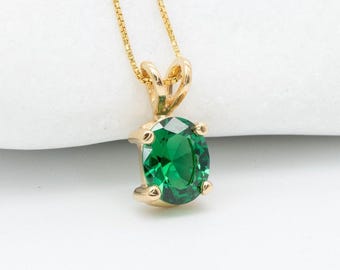 Gold Emerald Necklace, Green Solitaire Pendant, Emerald Oval Necklace, May Birthstone Necklace, Created Emerald, Green Emerald Necklace