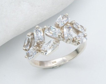Diamond Baguette Ring, Created Diamond, Baguette Cluster Ring, Scattered Diamond Ring, Diamond Cluster Ring For Women, Unique Diamond Band