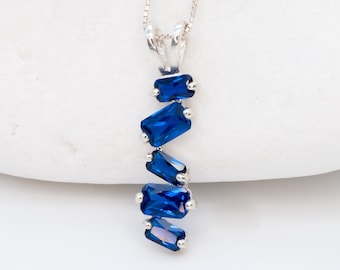 Baguette Sapphire Pendant, Created Sapphire, Baguette Pendant, Sapphire Pendant, Vertical Pendant, Emerald Cut Pendant, Dainty Blue Pendant