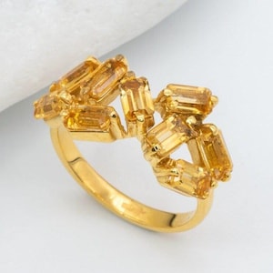 Gold Citrine Ring, Natural Citrine Ring, November Birthstone Ring, Yellow Gemstone Ring, Multi Stone Baguette Ring, Baguette Citrine Ring