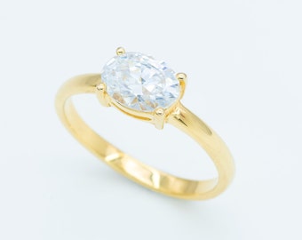 Anillo de oro con diamantes, anillo de compromiso con diamantes, anillo de diamantes ovalados, piedra de nacimiento de abril, anillo de bodas de oro, anillo de diamantes solitario, diamante creado