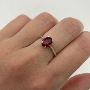 Solitaire Ruby Ring, Created Ruby, Oval Ruby Ring, Red Ruby Ring, July Birthstone, Ruby Promise Ring, Red Gemstone Ring, Silver Ruby Ring image 3