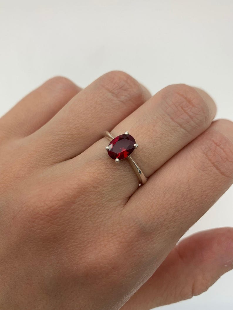 Solitaire Ruby Ring, Created Ruby, Oval Ruby Ring, Red Ruby Ring, July Birthstone, Ruby Promise Ring, Red Gemstone Ring, Silver Ruby Ring image 3