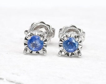 Sapphire Stud Earrings, 18K Solid Gold Earrings, Natural Sapphire Earrings, Gift For Her, Solid White Gold Studs, 18K Gold Sapphire Studs