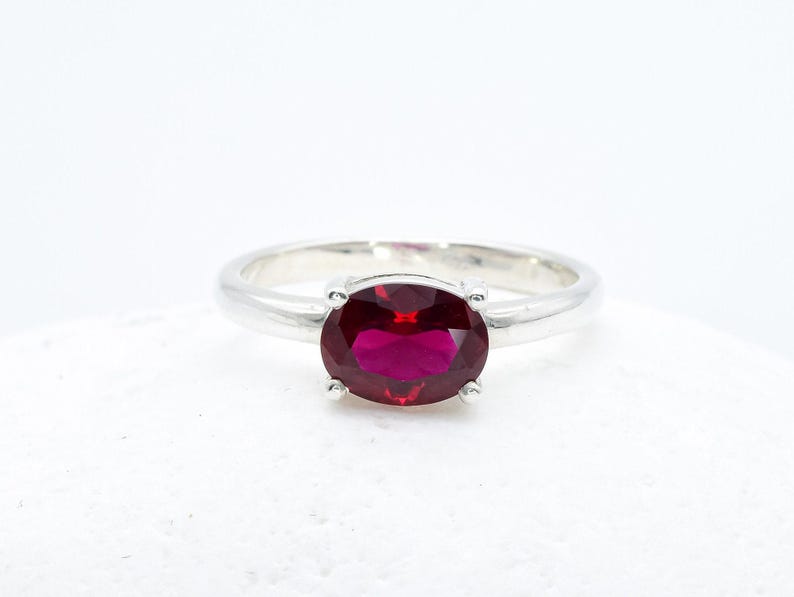 Solitaire Ruby Ring, Created Ruby, Ruby Ring, Red Ruby Ring, Horizontal Ring, Solitaire Ring, Promise Ring, Gift For Her, 925 Silver Ring image 6