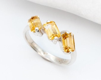 Citrine Baguette Ring Silver, Natural Citrine, Yellow Citrine Ring, Citrine Silver Ring, November Birthstone, Three Stone Ring, Gift For Her