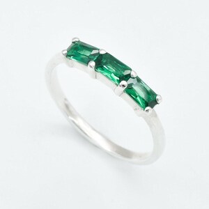 Baguette Emerald Ring, Green Emerald Ring, May Birthstone, Silver Emerald Band, Created Emerald Ring, Stackable Emerald Ring, Dainty Emerald