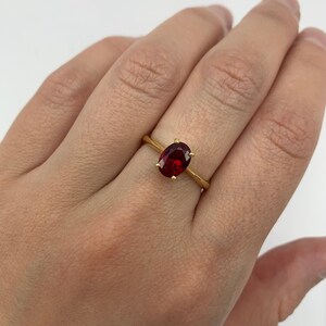 Gold Ruby Ring, Gold Oval Ring, Gold Dainty Ring, worn on middle finger