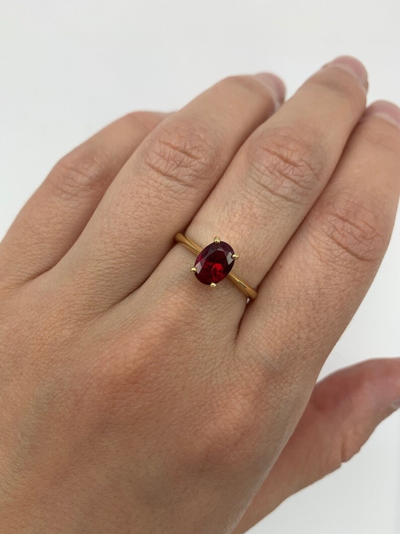 Gold Ruby Ring, Gold Oval Ring, Gold Dainty Ring, worn on middle finger