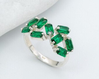 Emerald Ring, Created Emerald, Baguette Band, Green Cluster Ring, Green Diamond Ring, Asymmetric Ring, Emerald Cut Ring, 925 Sterling Silver
