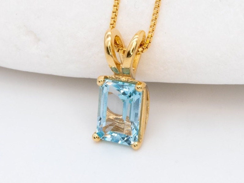 Gold Topaz Pendant, Natural Blue Topaz, December Birthstone, Gold Emerald Cut Pendant, Gold Octagon Pendant, Gold Dainty Pendant, Blue Topaz