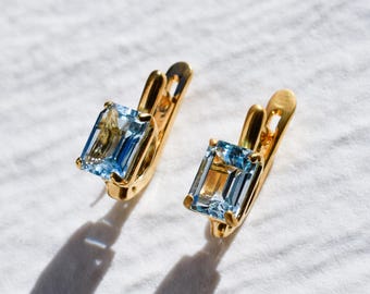 Baguette Blue Topaz Earrings, Natural Blue Topaz, Gold Blue Earrings, Drop Blue Earrings, December Birthstone, Classy Blue Topaz Studs