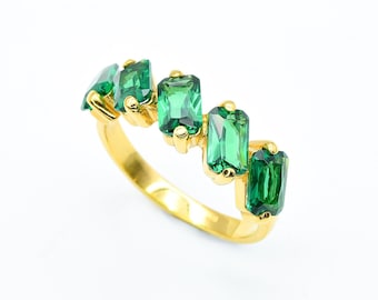 Gold Emerald Ring, Created Emerald, Gold Cluster Ring, Emerald Green Ring, Baguette Ring, Emerald Cut Ring, Half Eternity Band, Vermeil Ring