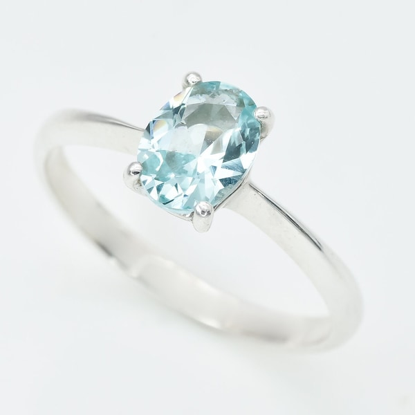 Oval Solitaire Aquamarine Ring, Created Aquamarine, Aqua Proposal Ring, Blue Promise Ring, Blue Oval Ring, 2 Carat Ring, Solid Silver Ring