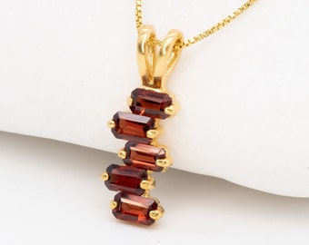 Gold Garnet Pendant, Natural Garnet Necklace, Red Gemstone Necklace, January Birthstone Necklace, Red Baguette Pendant, Vertical Pendant