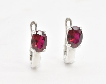 Classic Oval Ruby Earrings, Created Ruby, July Birthstone Earrings, Ruby Drop Earrings, Lever Back Earrings, 925 Sterling Silver