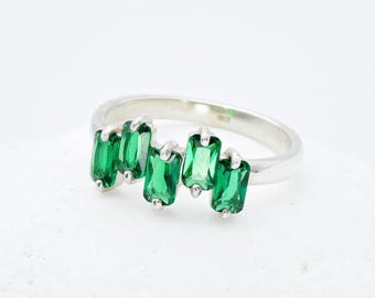 Emerald Baguette Ring, Created Emerald, Emerald Green Ring, Emerald Stone Ring, May Birthstone, Silver Emerald Ring, Emerald Cluster Ring