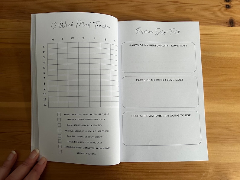 May include: A 12-week mood tracker journal with a grid for tracking moods daily. The journal includes a section for positive self-talk with prompts for listing parts of your personality and body you love most, and a section for writing self-affirmations.