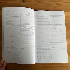 May include: A two-page spread from a daily planner or journal with sections for "Date", "Today, I intend to", "My Affirmations", "Balanced Diet", "Thoughts & Feelings", "This Made Me Smile", "Water", "Sleep", and "Notes".