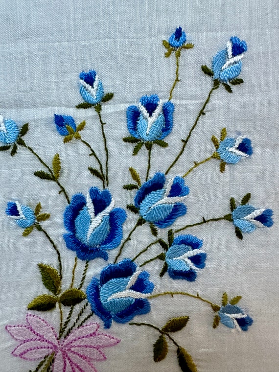 Vintage Unused Hand Embroidered Blue Roses Hanky