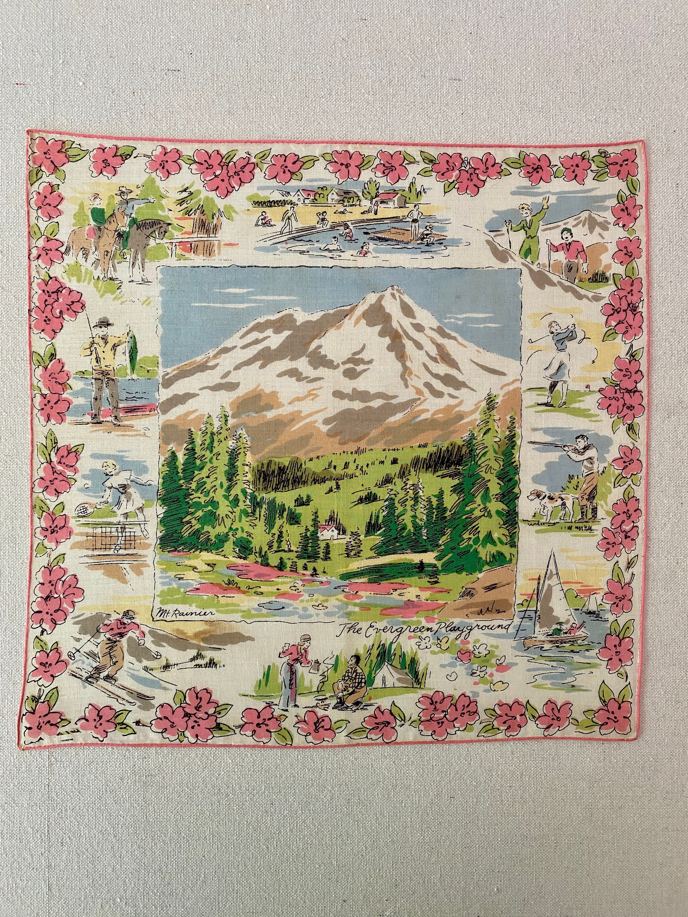 American Mid Century Novelty Hanky Mount Rainier Washington 
