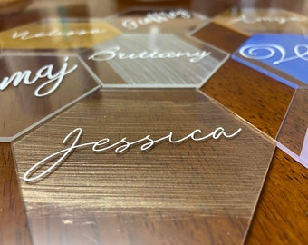 Painted Hexagon Acrylic Name Plates, Wedding Name Plates, Dinner, Baby Shower Place Cards, Anniversary