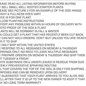 May include: Text on a white background, providing information about starter plants. The text includes details about plant care, shipping, and guarantees. It also mentions the plants may be dormant.