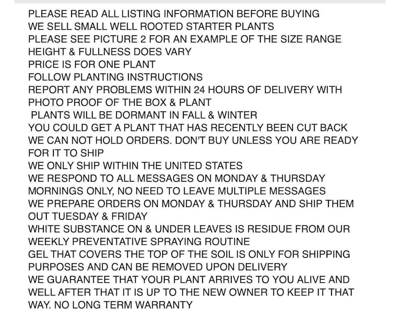 May include: Text on a white background, providing information about starter plants. The text includes details about plant care, shipping, and guarantees. It also mentions the plants may be dormant.