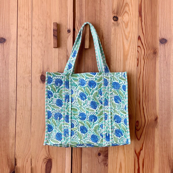 Quilted tote bag · Pure cotton block print in India · Indian boho quilted shoulder bag · Blue green flowers