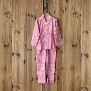 Long pajama · Pure cotton block print handmade and handprinted in India · Night shirt 100% cotton long sleeves pants· Boho bed  · Pink