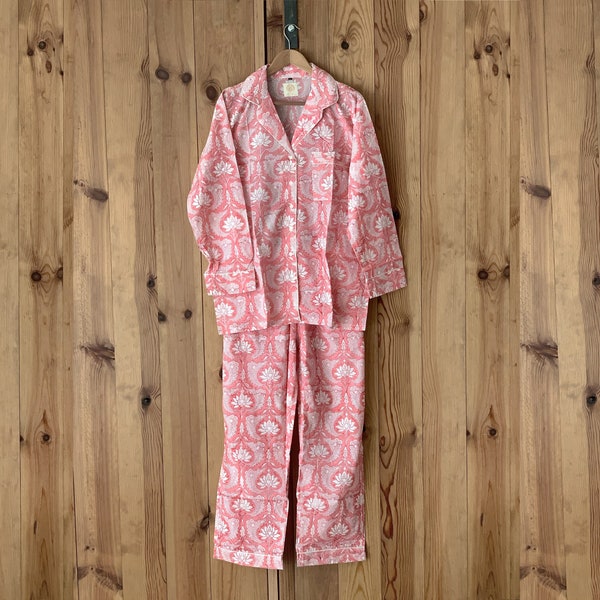 Pyjama et pantalon à manches longues · Bloc imprimé en pur coton fabriqué à la main en Inde · Pyjama d'hiver 100 % coton · Corail lotus blanc