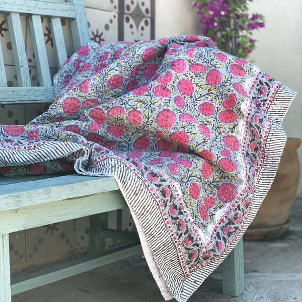 Pure cotton Kantha artisanal handmade block printed in India · Plaid · Summer bedspread · Hindu sofa cover · Green flowers