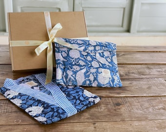 Christmas gift SET · Short pajama & matching kimono robe · 100% Pure cotton block print handprinted in India · Boho · Blue white  flower