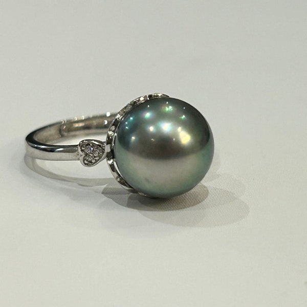 10.5mm Tahitian  Pearl Ring I Peacock Green Color Tahitian Pearl Ring I Gold Vermeil Ring Band with Tahitian Pearl