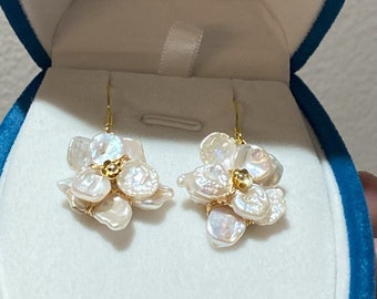 Super Dainty Freshwater Pearl Earrings I Flower Earrings I Two Layers Flower Earrings