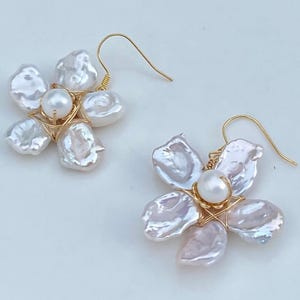 Freshwater Pearl Flower Earrings | Handmade Petal Pearl Earrings with Gold-Plated Sterling Silver Hooks | Unique Gift for Her