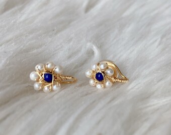 Clip-on Freshwater Pearl, Lapis Lazuli/Swarovski Red Crystal Earrings | Flower Style Clip-on Earring | Girls Party| Wedding