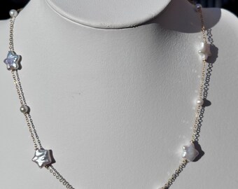 Handmade Star Pearl Necklace, Genuine Freshwater Pearl Jewelry, Celestial Jewelry, Dainty Layered Look, Minimalist Gift for Her