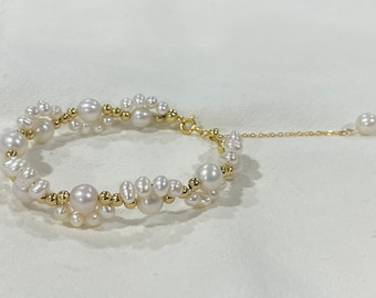 High Quality Freshwater Pearl Bracelet | Handcrafted Bracelet with Lace Pattern | 14k Gold-filled Beads and Wire Woven adjustable bracelet