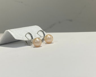 8.2mm Orange-Pink Freshwater Pearl Sterling Silver Gold-Plated Earrings I Dainty Natural Pearl Earring