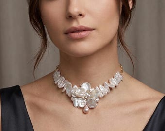 Stort barockpärlhalsband med blommotiv - Förgyllt sterlingsilver med blommotiv