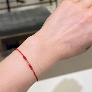 18K Gold Diamond-Cut Bead Red String Bracelet - 2.5mm Solid Gold, Lucky Charm, Minimalist Elegance