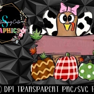 May include: A Thanksgiving-themed digital design featuring a cartoon turkey with a pink bow, wearing a black and white cow print outfit. The turkey is holding a blank sign with autumn leaves and pumpkins on either side. The pumpkins are decorated with a checkered pattern, wavy lines, and polka dots.