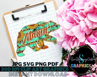 ママベアひまわりボヘミアンPNGデジタルダウンロード|JPG png SVGインスタントダウンロード|グラフィックファイル|ボヘミアンひまわりSVG|ママベア昇華|ボヘミアンベア