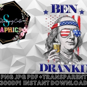 May include: A digital illustration of a man wearing a red, white, and blue bandana and sunglasses. He is holding a glass of liquid and the text "BEN DRANKIN'" is below him. The image is on a white background with a gold hexagon with the text "Soo Stinking Cute GRAPHICS" in the top left corner.