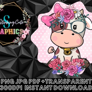 Cute Cow Png|Cow Digital Download|Cow Svg Instant download|Cute Cow Svg|Cow Image Png|Cow with Glasses Png|Cow Clipart Svg|Cow Glasses Png